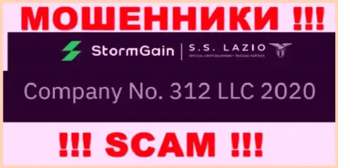Регистрационный номер StormGain, который взят с их официального интернет-ресурса - 312 LLC 2020