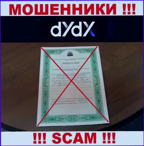 У конторы dYdX не предоставлены сведения о их лицензии - это циничные интернет-мошенники !!!