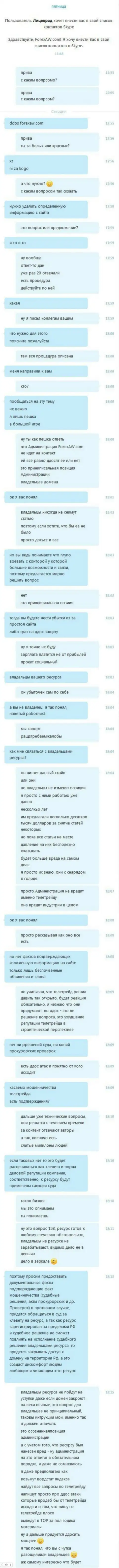 Переписка с представителем мошенников TeleTrade Ru, требующим убрать обзорную статью