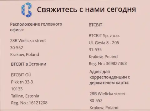 Юридический адрес криптовалютной обменки BTCBit и местонахождение представительства обменного online-пункта в Эстонии