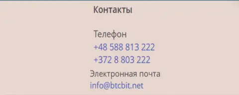 Телефоны и адрес электронной почты обменного пункта BTC Bit