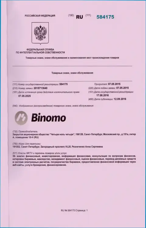 Описание товарного знака Биномо в РФ и его владелец